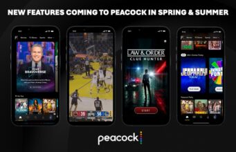 Peacock mobile app screens showing Your Bravoverse, vertical sports video, and mobile games.