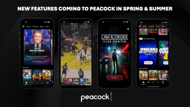 peacock-vertical-video-mobile-features-1600x900.jpg Peacock mobile app screens showing Your Bravoverse, vertical sports video, and mobile games.