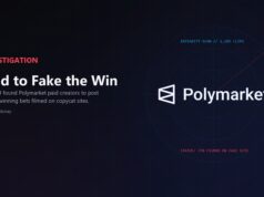 Polymarket Paid Creators to Post Fake Betting Videos, WSJ Investigation Finds Polymarket wordmark inside an integrity-scan graphic flagging a staged winning bet, illustrating the WSJ fake betting videos report.