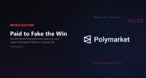 Polymarket wordmark inside an integrity-scan graphic flagging a staged winning bet, illustrating the WSJ fake betting videos report.