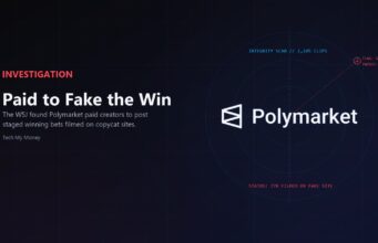 Polymarket Paid Creators to Post Fake Betting Videos, WSJ Investigation Finds Polymarket wordmark inside an integrity-scan graphic flagging a staged winning bet, illustrating the WSJ fake betting videos report.