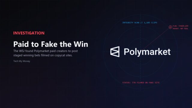 polymarket-fake-betting-videos-wsj Polymarket wordmark inside an integrity-scan graphic flagging a staged winning bet, illustrating the WSJ fake betting videos report.