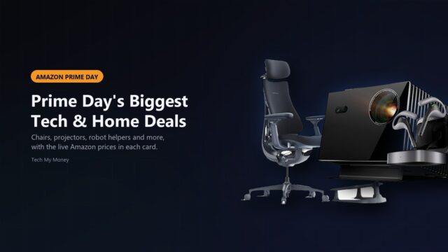 prime-day-tech-home-deals Prime Day deal hero with a LiberNovo chair, Valerion projector and Timekettle earbuds on a Tech My Money graphic.