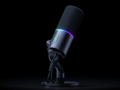 Razer Seiren V3 Pro XLR/USB-C microphone on a stand with the RGB ring glowing in pink and teal