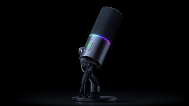 Razer Seiren V3 Pro XLR/USB-C microphone on a stand with the RGB ring glowing in pink and teal
