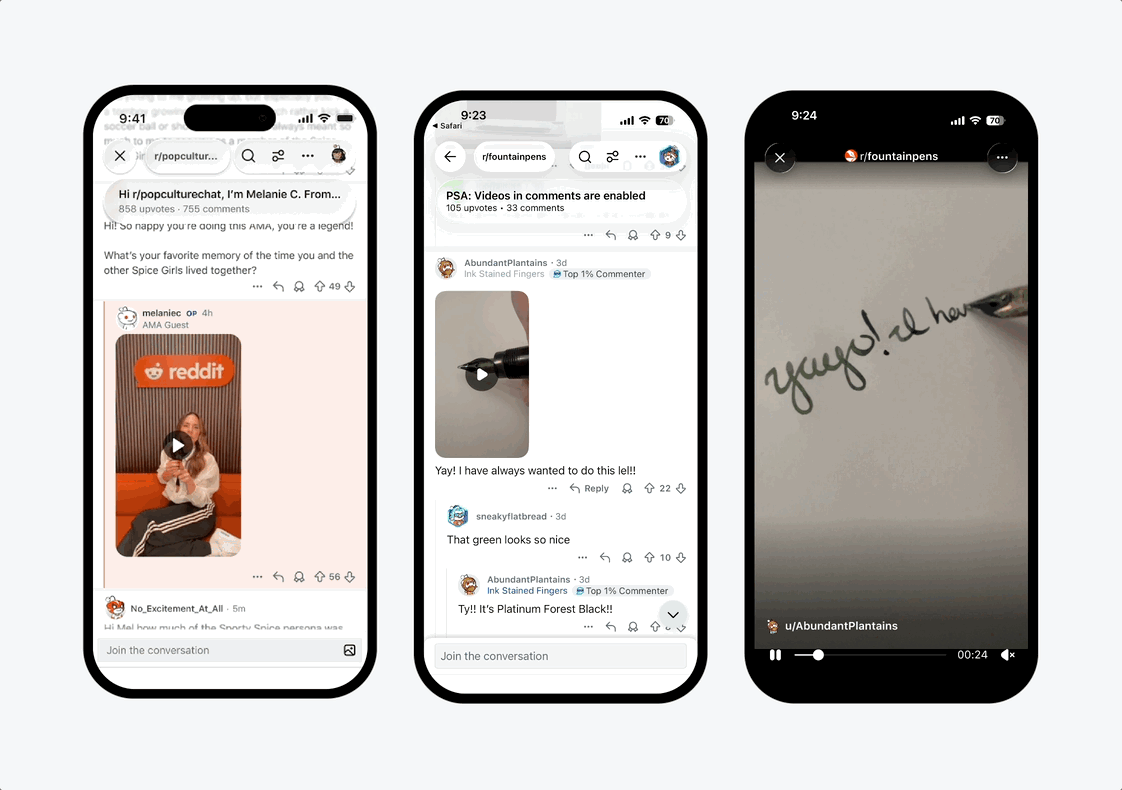 Reddit video comments demo showing a Mel C video AMA and fountain pen video replies on three phones