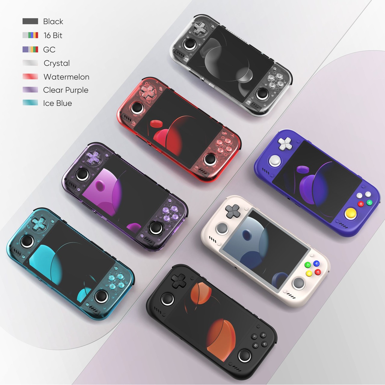 Retroid Pocket Nova in its seven colorways: Black, 16 Bit, GC, Crystal, Watermelon, Clear Purple and Ice Blue