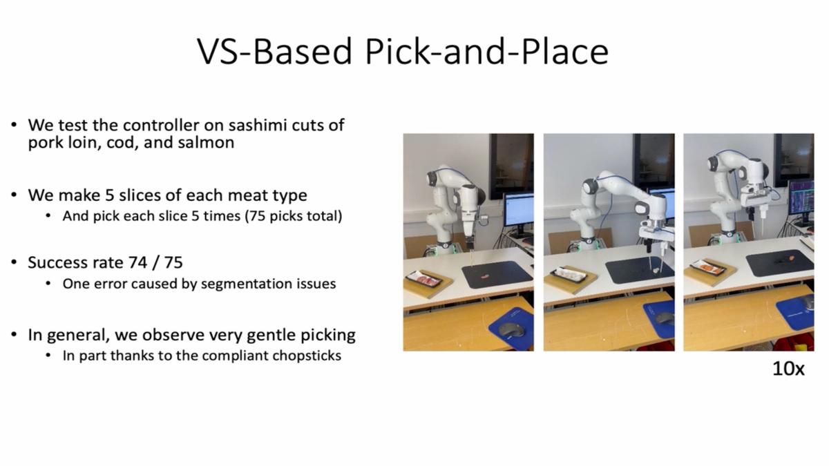A laboratory overview of the three-armed Sashimi-Bot preparing salmon.