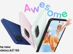 Samsung Galaxy A27 5G official marketing image showing four colors - navy, pink and mint backs plus a front view - with Awesome branding