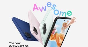 Samsung Galaxy A27 5G official marketing image showing four colors - navy, pink and mint backs plus a front view - with Awesome branding