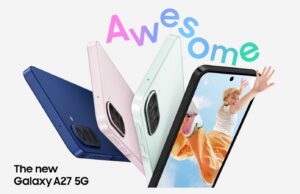 Samsung Galaxy A27 5G official marketing image showing four colors - navy, pink and mint backs plus a front view - with Awesome branding