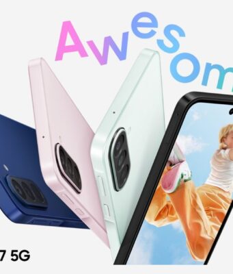 Samsung Galaxy A27 5G official marketing image showing four colors - navy, pink and mint backs plus a front view - with Awesome branding