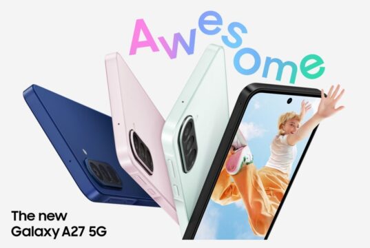Samsung Galaxy A27 5G official marketing image showing four colors - navy, pink and mint backs plus a front view - with Awesome branding
