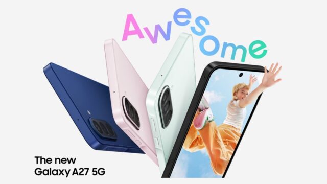 Samsung Galaxy A27 5G official marketing image showing four colors - navy, pink and mint backs plus a front view - with Awesome branding