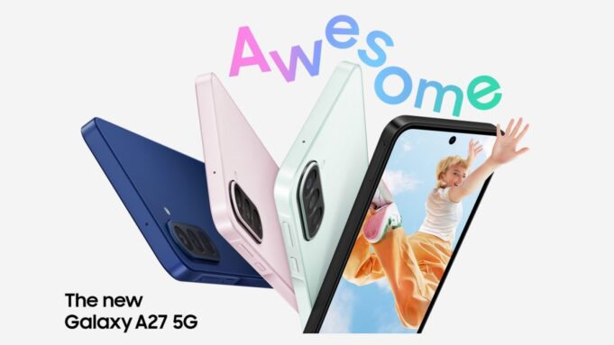 Samsung Galaxy A27 5G official marketing image showing four colors - navy, pink and mint backs plus a front view - with Awesome branding