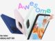 Samsung Galaxy A27 5G official marketing image showing four colors - navy, pink and mint backs plus a front view - with Awesome branding