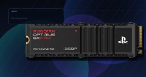 SanDisk 8TB PS5 SSD Optimus GX PRO 850P on a blue gaming hardware background