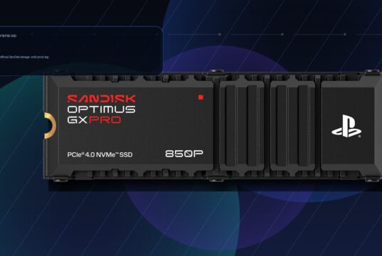 SanDisk 8TB PS5 SSD Optimus GX PRO 850P on a blue gaming hardware background