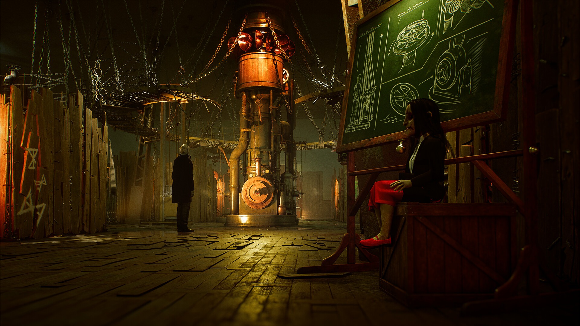 Saw Genesis gameplay screenshot of a trap-filled workshop with a sinister doll