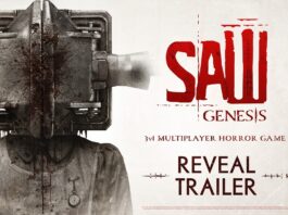 Saw Genesis key art showing a victim in a metal box trap beside the game logo