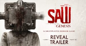 Saw Genesis key art showing a victim in a metal box trap beside the game logo
