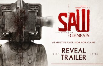 Saw Genesis key art showing a victim in a metal box trap beside the game logo
