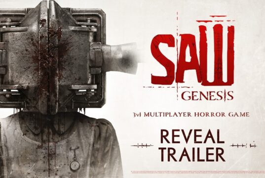 Saw Genesis key art showing a victim in a metal box trap beside the game logo