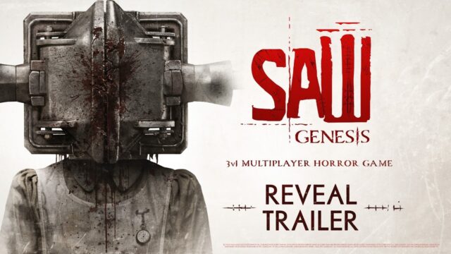 Saw Genesis key art showing a victim in a metal box trap beside the game logo