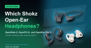 Shokz open-ear headphones buying guide hero with OpenDots 2, OpenFit 2 Plus, and OpenRun Pro 2