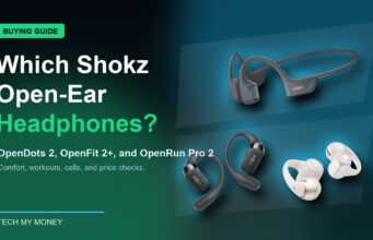 Shokz open-ear headphones buying guide hero with OpenDots 2, OpenFit 2 Plus, and OpenRun Pro 2