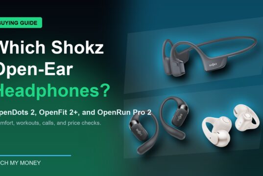 Shokz open-ear headphones buying guide hero with OpenDots 2, OpenFit 2 Plus, and OpenRun Pro 2