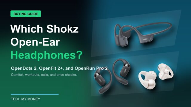 Shokz open-ear headphones buying guide hero with OpenDots 2, OpenFit 2 Plus, and OpenRun Pro 2