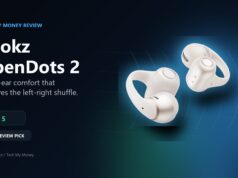 Shokz OpenDots 2 review hero with Pearl White open-ear earbuds and TMM Review Pick badge