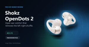Shokz OpenDots 2 review hero with Pearl White open-ear earbuds and TMM Review Pick badge