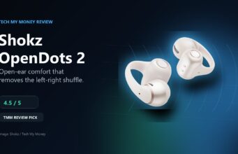 Shokz OpenDots 2 Review: Super Comfortable Earbuds That Just Know Shokz OpenDots 2 review hero with Pearl White open-ear earbuds and TMM Review Pick badge