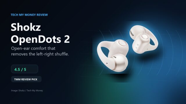 shokz-opendots-2-mjhero-v2 Shokz OpenDots 2 review hero with Pearl White open-ear earbuds and TMM Review Pick badge