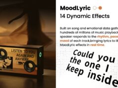 MorningBlues SonicGlass A1 Speaker Launches on Kickstarter MorningBlues SonicGlass A1 transparent lyric speaker displaying floating text on a table.