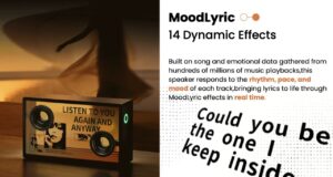 MorningBlues SonicGlass A1 transparent lyric speaker displaying floating text on a table.