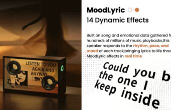 MorningBlues SonicGlass A1 Speaker Launches on Kickstarter MorningBlues SonicGlass A1 transparent lyric speaker displaying floating text on a table.