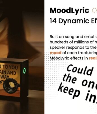 MorningBlues SonicGlass A1 Speaker Launches on Kickstarter MorningBlues SonicGlass A1 transparent lyric speaker displaying floating text on a table.