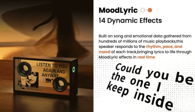sonicglass_featured.jpg MorningBlues SonicGlass A1 transparent lyric speaker displaying floating text on a table.