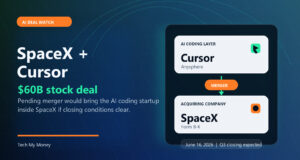 SpaceX and Cursor logos in a Tech My Money graphic about the $60 billion stock deal
