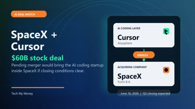 SpaceX and Cursor logos in a Tech My Money graphic about the $60 billion stock deal