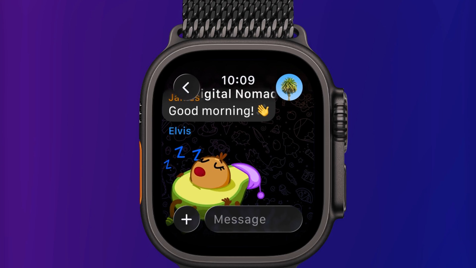 Telegram app on an Apple Watch Ultra showing a group chat and sticker