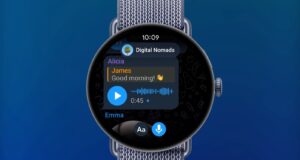Telegram Wear OS app on a Pixel Watch showing a group chat with a voice message