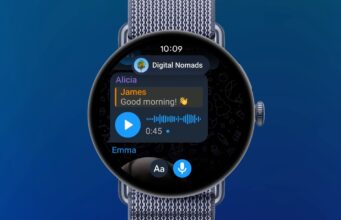 Telegram Wear OS app on a Pixel Watch showing a group chat with a voice message
