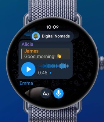 Telegram Wear OS app on a Pixel Watch showing a group chat with a voice message