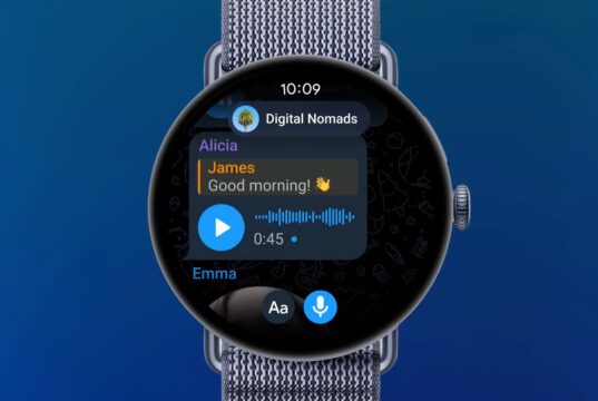 Telegram Wear OS app on a Pixel Watch showing a group chat with a voice message
