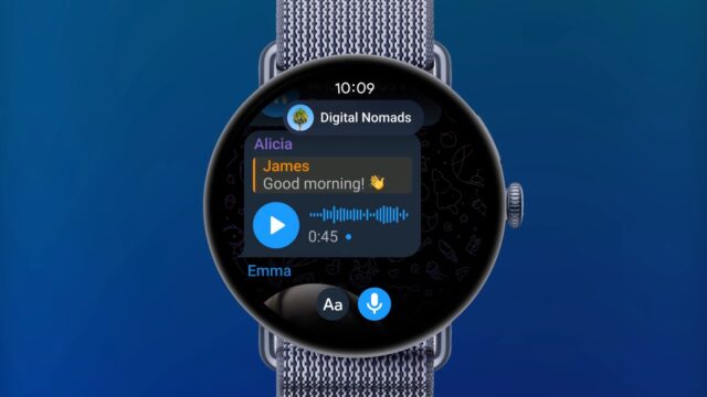 Telegram Wear OS app on a Pixel Watch showing a group chat with a voice message