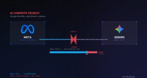 Diagnostic HUD hero: Meta and Gemini nodes linked by a throttled data pipe with a red CAPPED gate, capacity meter reading 112% exceeded